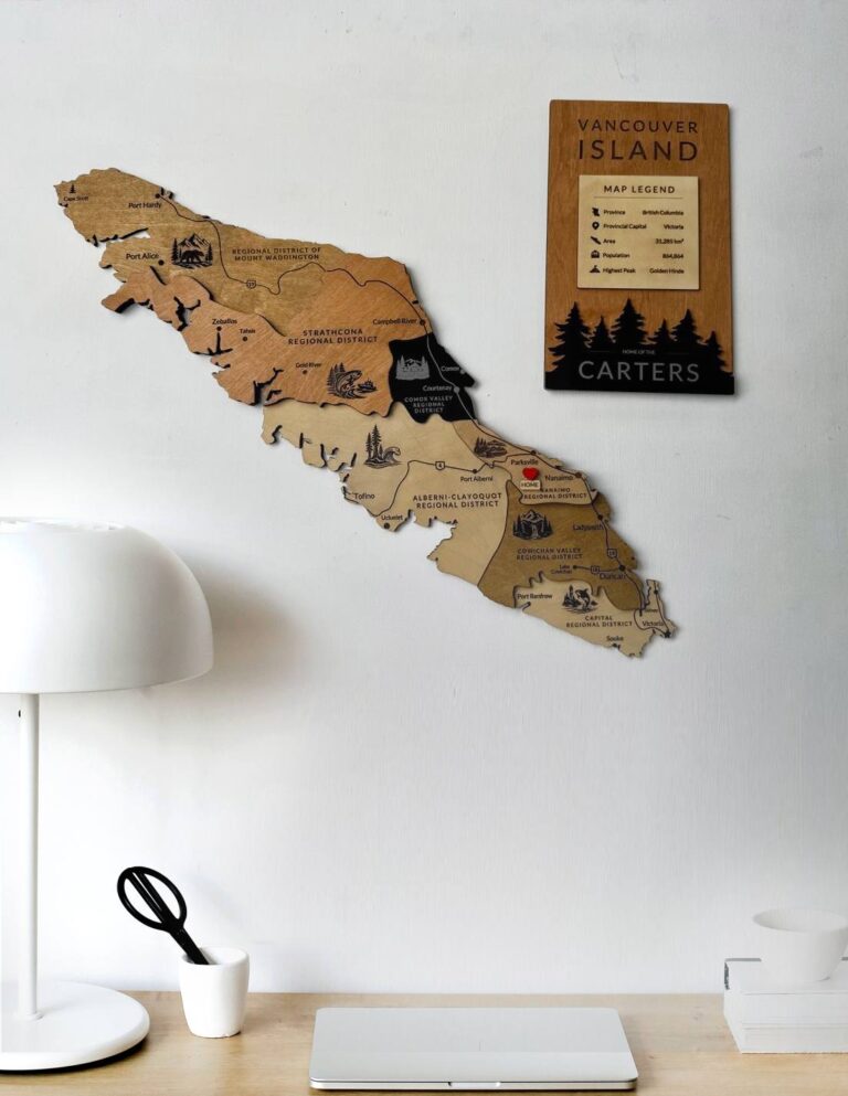 Vancouver Island Wooden Map, 3D Wood Wall Art, Personalized Home Pin, Housewarming Gift Box